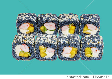 rolls with black rice, shrimp and avocado on a green background rolls with black rice, shrimp and avocado on a green background 115505316
