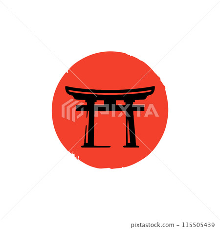 Torii gate silhouette red circle. Japanese cultural symbol traditional Shinto gate Japan Asian icon. Torii gate silhouette red circle. Japanese cultural symbol traditional Shinto gate Japan Asian icon. 115505439