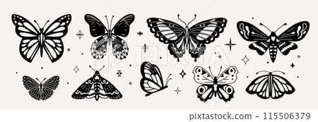 Butterfly set vector illustration. Black and white, monochrome moths insects in Y2k retro style, wavy lines, organic shapes. Trendy simple aesthetic butterflies for tattoo, logo, icon design 115506379