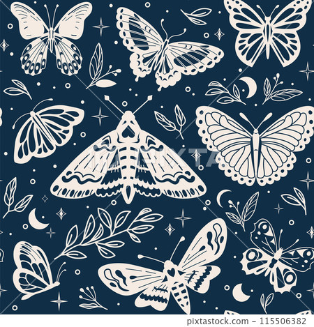 Mystic butterfly seamless pattern vector illustration. Magic moths with celestial moon, sun and floral elements. Esoteric retro butterflies isolated on dark night background 115506382