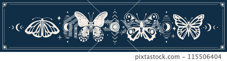 Mystic butterfly vector illustration. Magic moth with celestial moon, sun and floral elements, frame. Esoteric retro butterfly isolated on dark night background 115506404