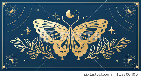 Mystic golden butterfly vector illustration. Magic gold moth with celestial moon, sun and floral elements, frame. Esoteric retro butterfly isolated on dark night background Mystic golden butterfly vector illustration. Magic gold moth with celestial moon, sun and floral elements, frame. Esoteric retro butterfly isolated on dark night background 115506409