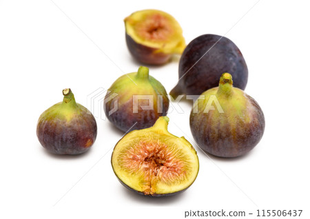 Fresh figs. Fruit with half and quarter isolated on white background. With clipping path. 7 115506437
