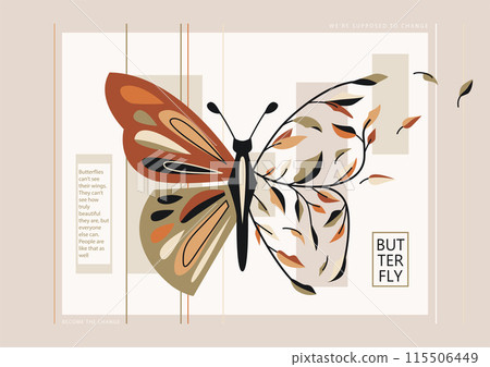 Butterfly half leaves vector illustration. Flying insect with floral elements, simple shapes, lines, text. Beauty fashion cool concept design. Nature girl poster 115506449