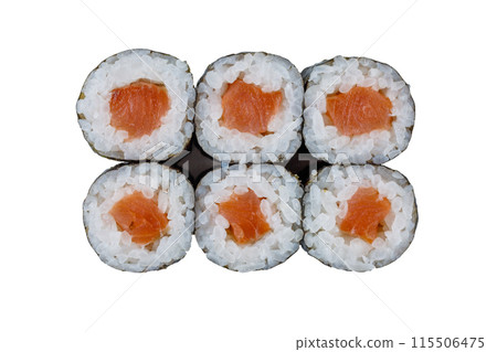 Traditional Japanese maki rolls with salmon on a white background.Isolate Traditional Japanese maki rolls with salmon on a white background.Isolate 115506475