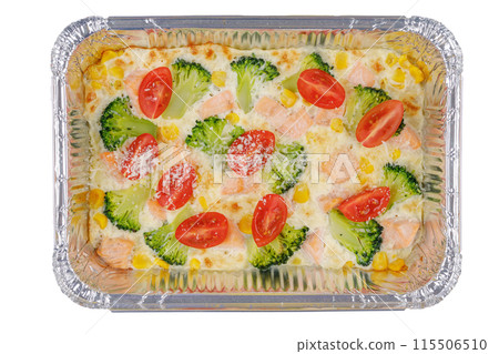 appetizing casserole with salmon and broccoli isolate 115506510