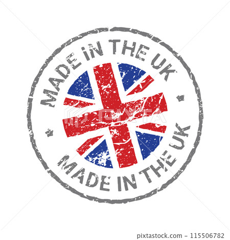 Made in the UK stamp with distressed union jack. Vintage styled badge showcasing British Made in the UK stamp with distressed union jack. Vintage styled badge showcasing British 115506782