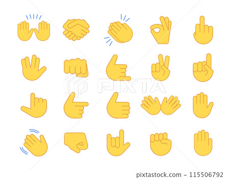 Emoji vector cartoon hands gesture design chat social media icons. Emoticon isolated yellow hand Emoji vector cartoon hands gesture design chat social media icons. Emoticon isolated yellow hand 115506792