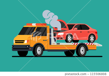 Car tow truck accident roadside assistance broken car smoke. Crash breakdown flatbed blue car 115506808