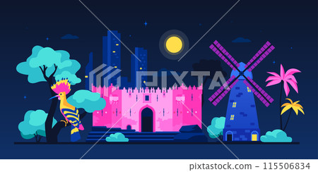 Damascus Gate at night - modern colored vector illustration Damascus Gate at night - modern colored vector illustration 115506834