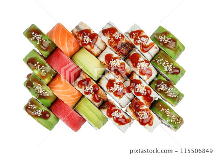 Japanese food. Sushi and rolls on a white background. 115506849