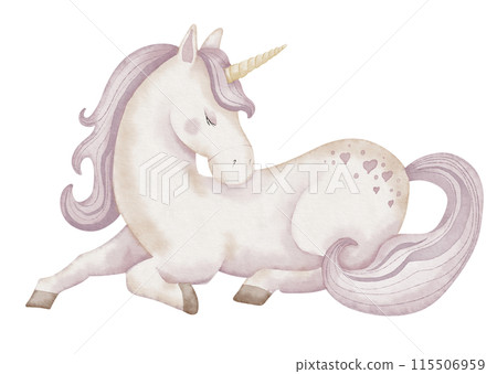 Unicorn watercolor illustration. Drawing of cute little Horse with horn for Baby shower greeting cards or childish birthday invitation. Pony for girls nursery wall art. Pastel Fantasy creature for kid Unicorn watercolor illustration. Drawing of cute little Horse with horn for Baby shower greeting cards or childish birthday invitation. Pony for girls nursery wall art. Pastel Fantasy creature for kid 115506959
