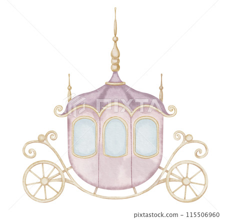 Charming Fairytale Carriage Watercolor Illustration in Pastel Colors. Enchanting Princess Coach for Nursery Wall Art an baby shower greeting cards. Drawing for girl birthday cards and childish design. 115506960