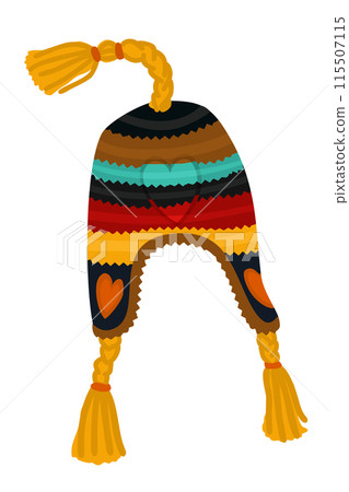 Bright warm knitted striped hat with tassels. Vector isolated illustration 115507115
