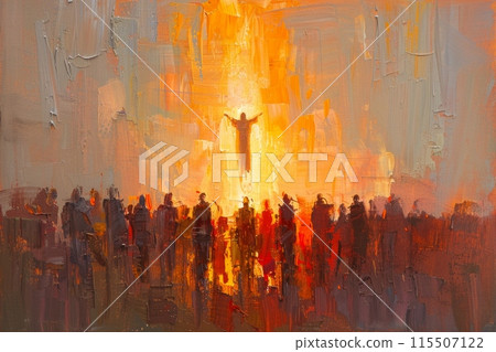 A painting depicting the ascension of Jesus Christ, with a radiant figure ascending into the heavens while a crowd of people looks on in awe. 115507122