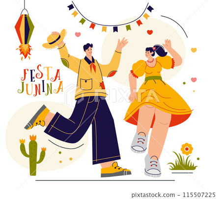 Festa junina festival elements. People and party objects, funny dancer in folk clothing, harvest country holiday, vector set. eps 115507225