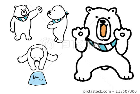 A cute line drawing of a polar bear wearing a striped scarf 115507306