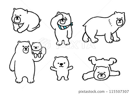 A cute line drawing of a polar bear wearing a striped scarf 115507307