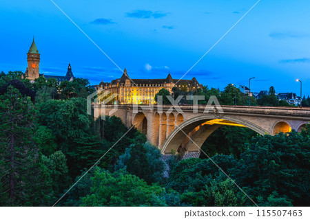 Scenery of Adolphe Bridge and the clock tower in Luxembourg city, Luxembourg 115507463