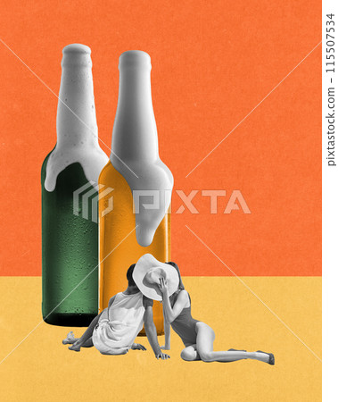 Monochrome image of couple, man and woman kissing behind straw hat with two beer bottles on background. Contemporary art collage. 115507534