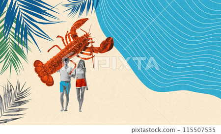 Couple in beachwear walking on sandy beach and holding hands, large red lobster hovers above them. Contemporary art collage. 115507535