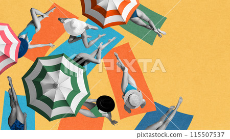Top view of monochrome young women in swimsuits lying on beach and sunbathing, relaxing under colorful umbrellas. Contemporary art collage. 115507537