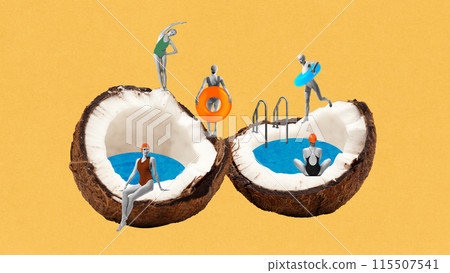Surreal image with coconut swimming pools and young women in colorful swimsuit resting, swimming and sunbathing. Contemporary art collage. Surreal image with coconut swimming pools and young women in colorful swimsuit resting, swimming and sunbathing. Contemporary art collage. 115507541