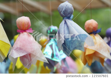 Colorful Teru Teru Bouzu at a shrine Colorful Teru Teru Bouzu at a shrine 115507601