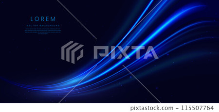 Abstract blue curve lines glowing on dark blue background with copy space for text. 115507764