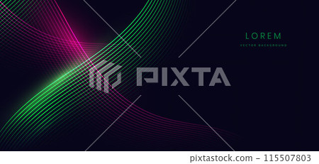 Abstract futuristic curved glowing green and pink light lines on black background. 115507803