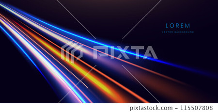 Abstract futuristic glowing neon multi color lines. Hi speed motion moving concept on dark blue background. 115507808