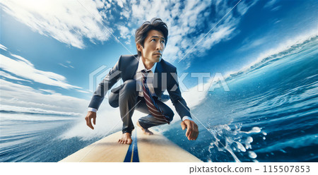 穿著西裝的商人在夏日的大海中騎著衝浪板 穿著西裝的商人在夏日的大海中騎著衝浪板 115507853