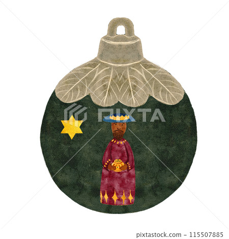 Christmas tree ball with nativity scene, magi isolated on white in watercolor. Illustration for textile, wrapping paper, cards, Christmas, new year, invitations, cards, stickers, posters, totes design 115507885
