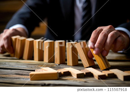Businessman stops domino falling. Strategy development. Debt restructuring. Risk management concept. Successful strong business and problem solving. Reliable leader. Stop the destructive processes. 115507918