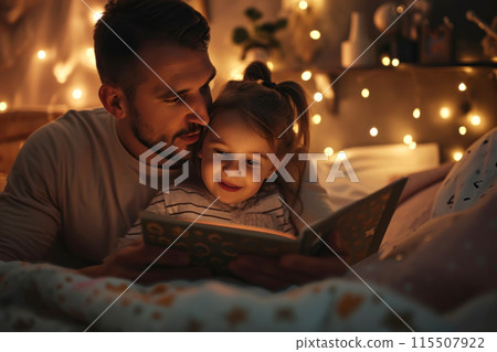 Dad and daughter read a book before bed in a cozy room with dim lights. Concept of family relationship between parents and children. Family leisure. Dad and daughter read a book before bed in a cozy room with dim lights. Concept of family relationship between parents and children. Family leisure. 115507922
