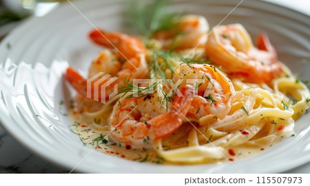 Pasta with shrimp in creamy sauce and herbs close-up. Pasta with shrimp in creamy sauce and herbs close-up. 115507973