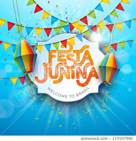 Festa Junina Illustration with Party Flags, Paper Lantern and Typography Letter on Sky Blue Background. Vector Brazil June Traditional Sao Joao Holiday Festival Design for Celebration Banner, Greeting 115507990