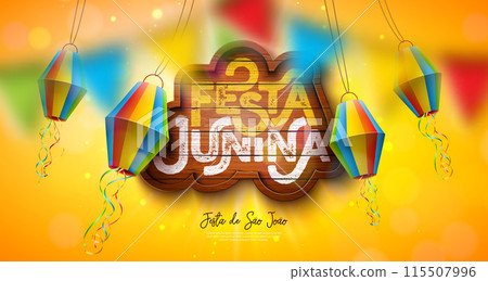 Festa Junina Banner Illustration with Party Flags and Paper Lantern and Glowing Neon Light Letter on Sun Yellow Background. Vector Brazil June Sao Joao Festival Design with Typography on Vintage Wood 115507996