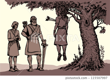 Vector drawing. Absalom got his hair caught in a tree branch 115507997