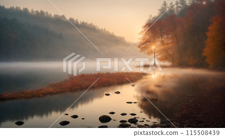 Autumn mist covers serene landscape, reflecting trees in peaceful lake. Tranquil and beautiful. 115508439