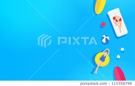 一男一女漂浮在水面上。年輕人享受夏天的插圖。夏季背景資料。 一男一女漂浮在水面上。年輕人享受夏天的插圖。夏季背景資料。 115508799