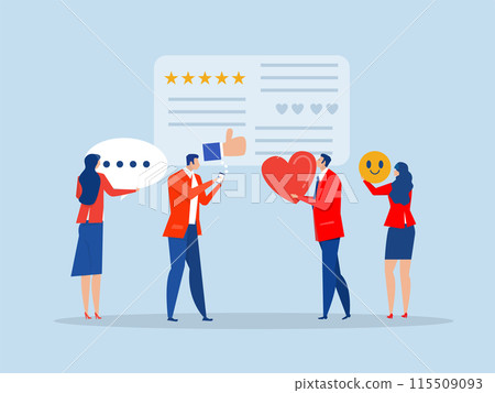Customer Satisfaction concept, Customer giving rating stars and likes and positive feedback Review from tiny male and female clients flat Customer feedback vector illustration 115509093