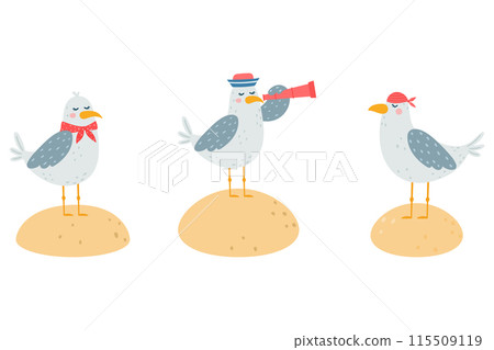 Funny seagull characters vector illustration. Simple cartoon style. 115509119