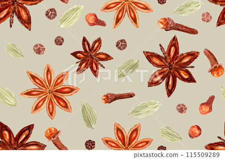 Star anise, cardamom, clove, black pepper watercolor seamless pattern on muted green. Spices with detailed texture, shades. Perfect for culinary, kitchen textile, wrapping paper, spice containers Star anise, cardamom, clove, black pepper watercolor seamless pattern on muted green. Spices with detailed texture, shades. Perfect for culinary, kitchen textile, wrapping paper, spice containers 115509289