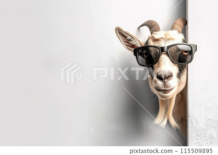 Curious goat wearing sunglasses wearing sunglasses peeks over a white wall. Wildlife Animals. 115509895