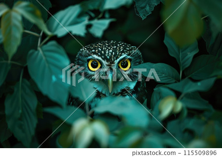 Striking image of an owl peering through dense foliage with piercing yellow eyes. Ideal for themes of wildlife, nature, and nocturnal animals. Birds. 115509896