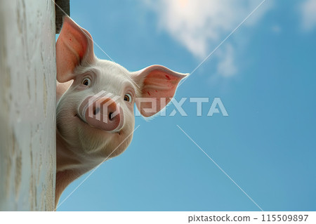 A pig emerges from behind the wall a corner with a blue sky background. Farm animals. A pig emerges from behind the wall a corner with a blue sky background. Farm animals. 115509897