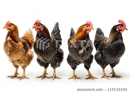 Portrait of different hens isolated on a white background. Ai generative 115510109