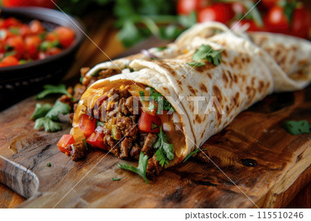 Traditional homemade beef burrito with vegetables on wooden table.Ai generative 115510246