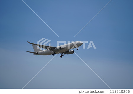 Airplane is flying in the sky with the landing gear down 115510266
